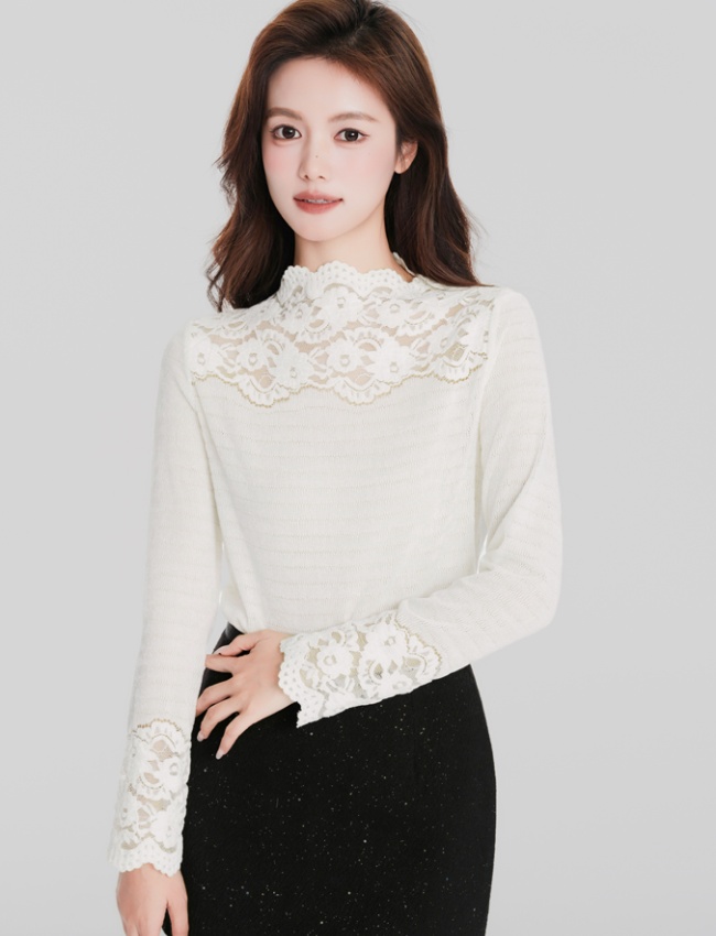 Slim lace shirts elegant half high collar tops