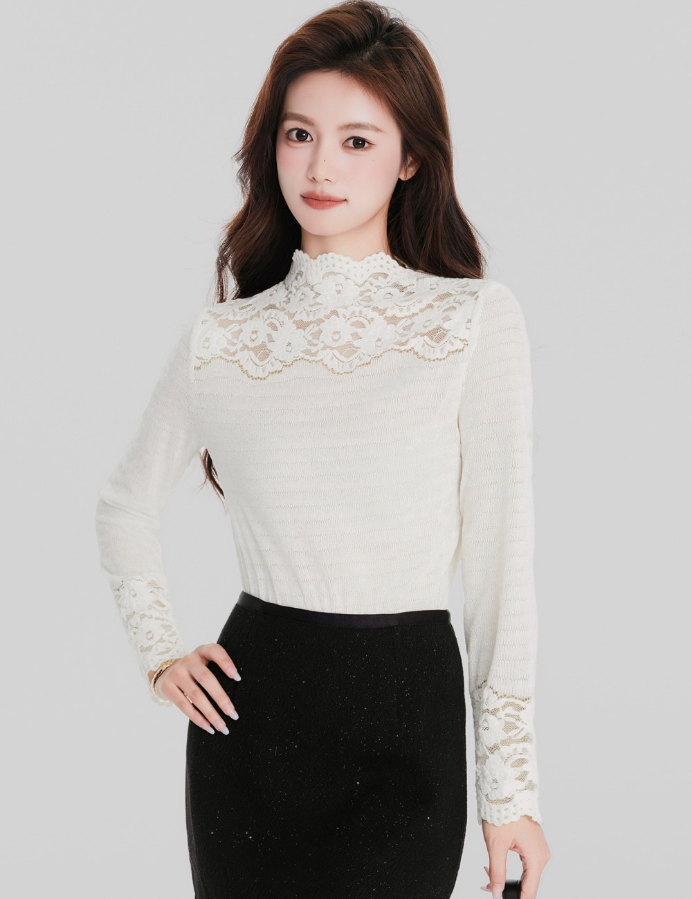 Slim lace shirts elegant half high collar tops