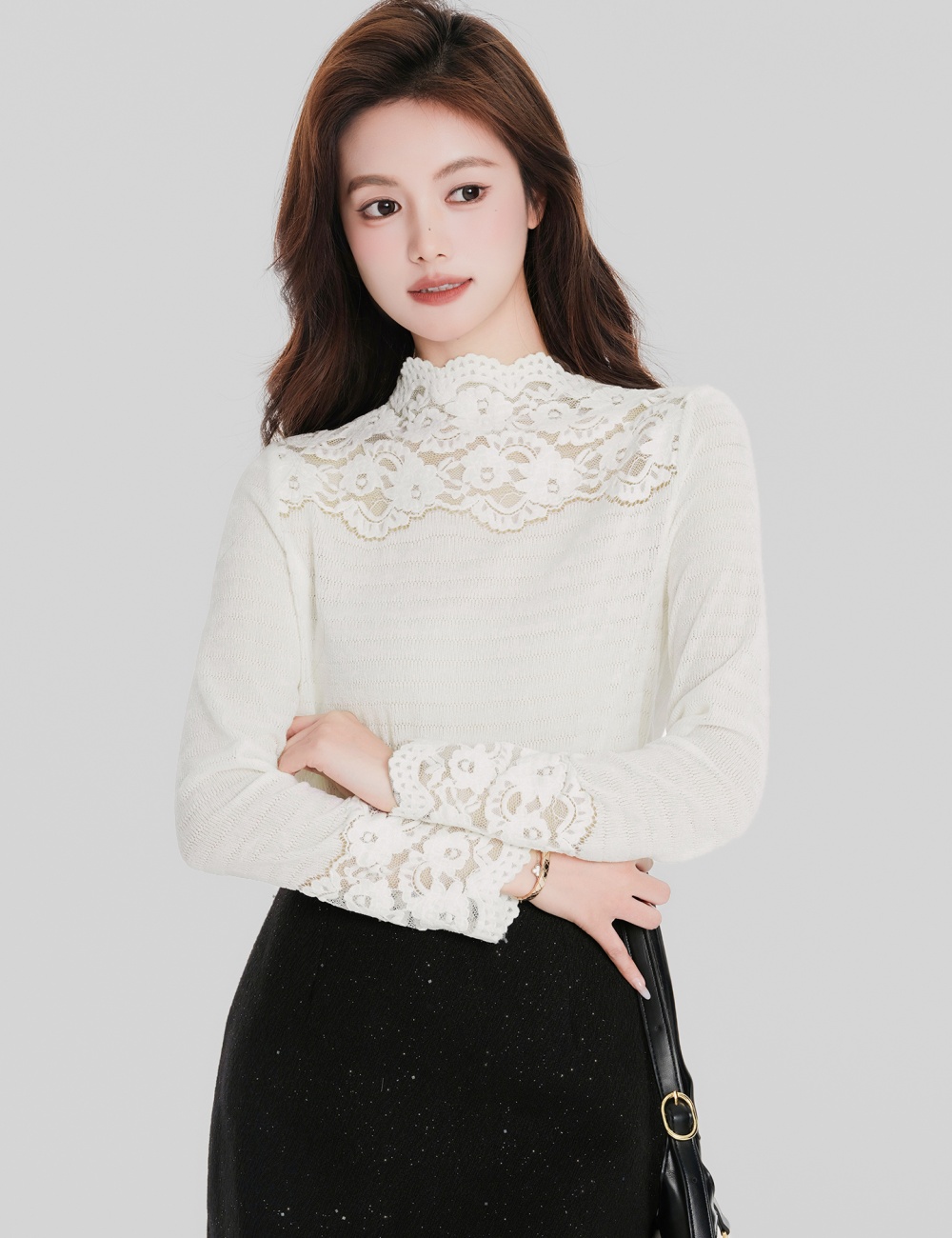 Slim lace shirts elegant half high collar tops