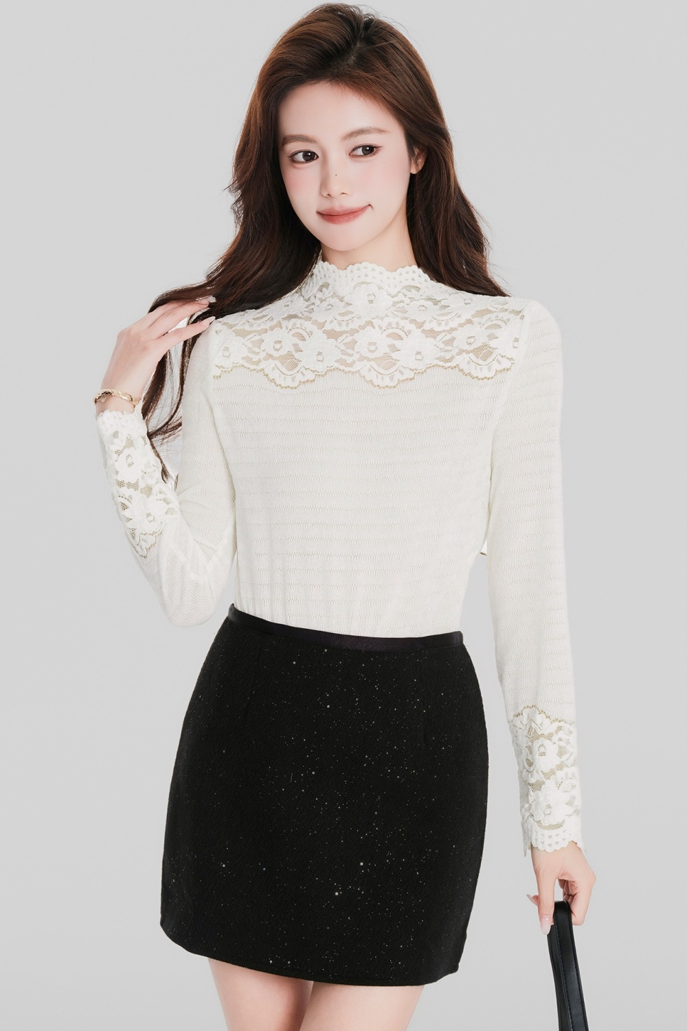 Slim lace shirts elegant half high collar tops