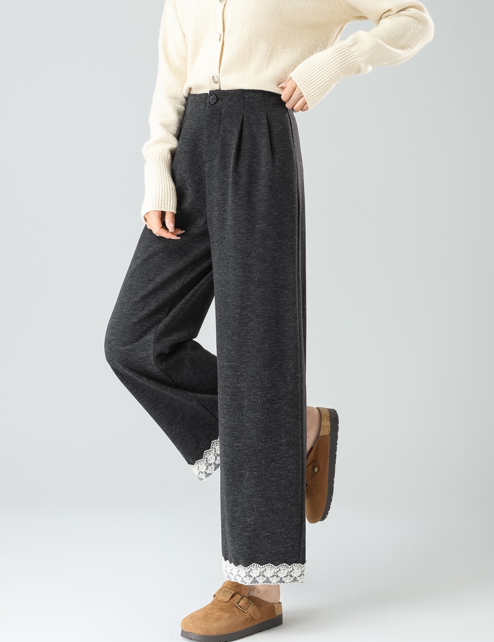 Wide leg gray winter wool loose high waist suit pants