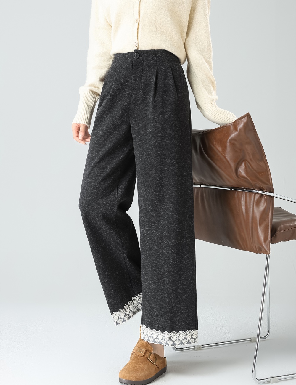 Wide leg gray winter wool loose high waist suit pants