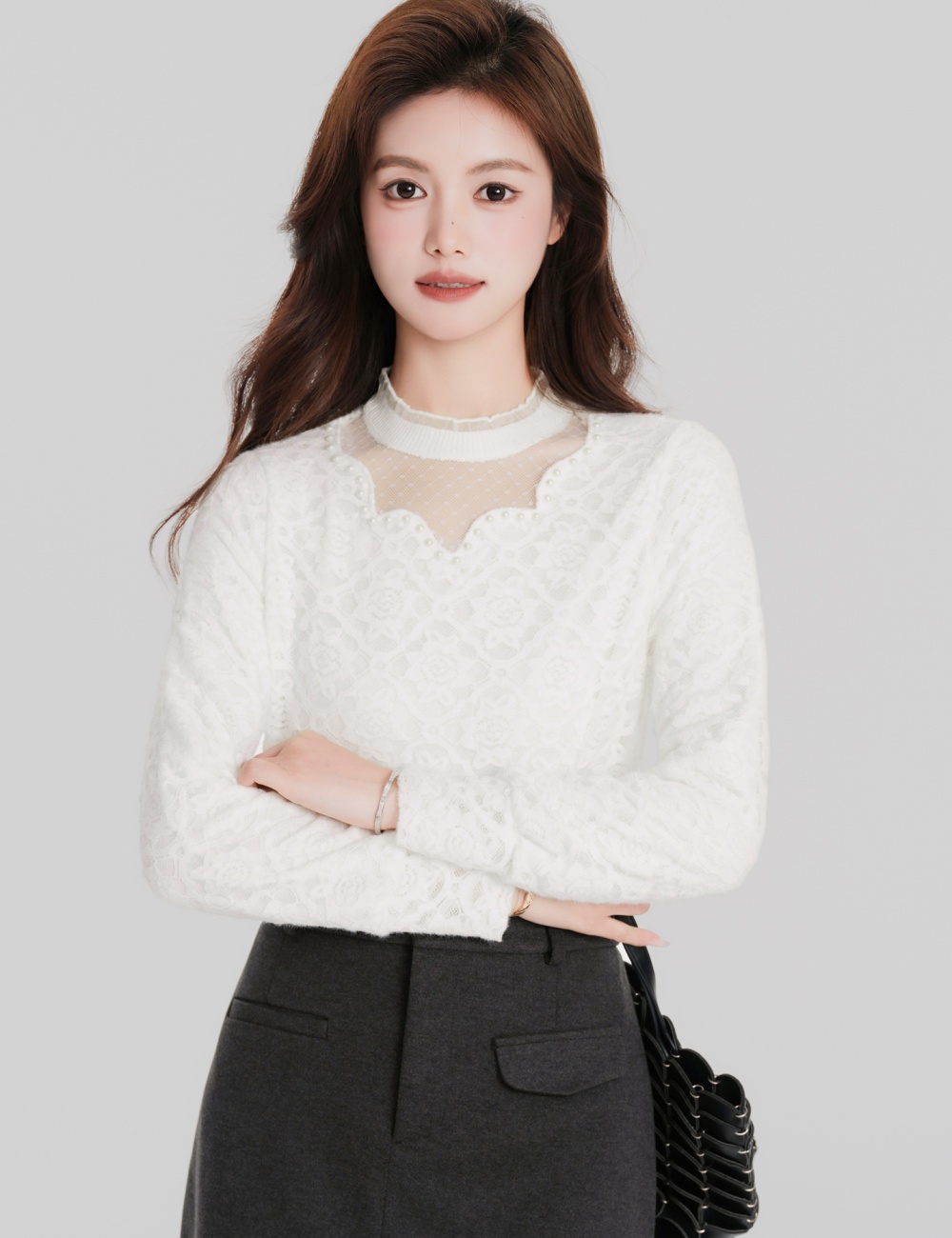 Slim cstand collar shirt wood ear chanelstyle small shirt