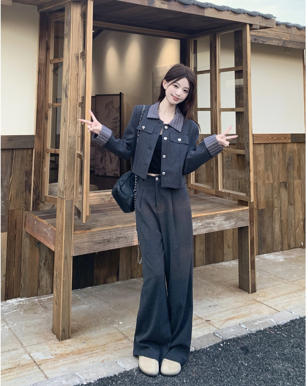 Temperament Korean style profession wide leg pants 2pcs set