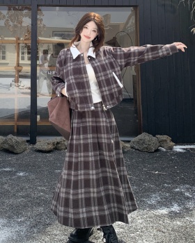 Plaid large yard skirt college style coat a set