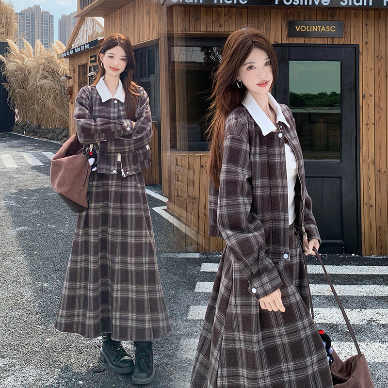 Plaid large yard skirt college style coat a set