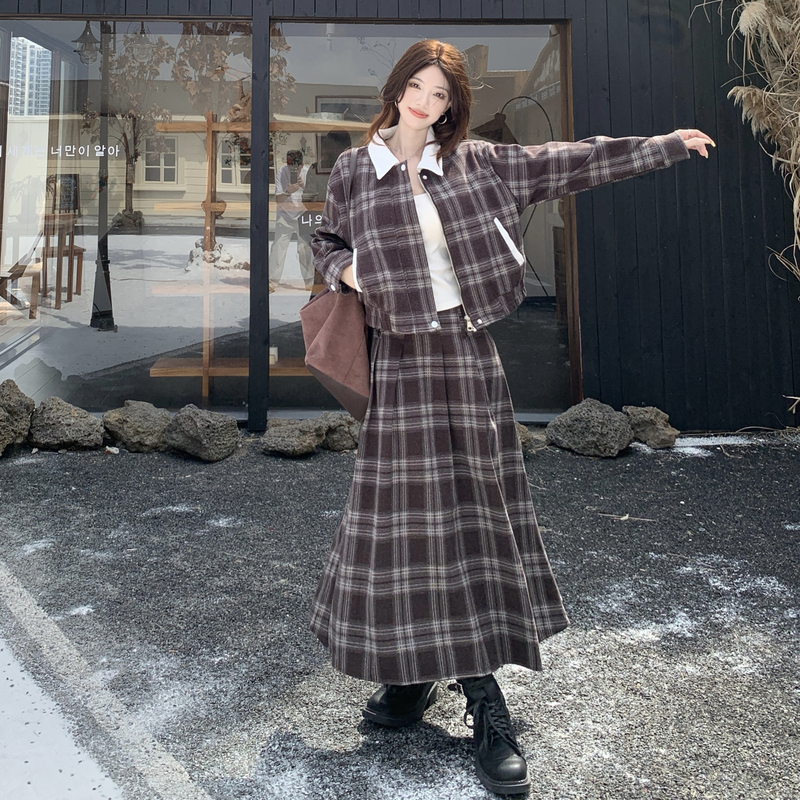 Plaid large yard skirt college style coat a set