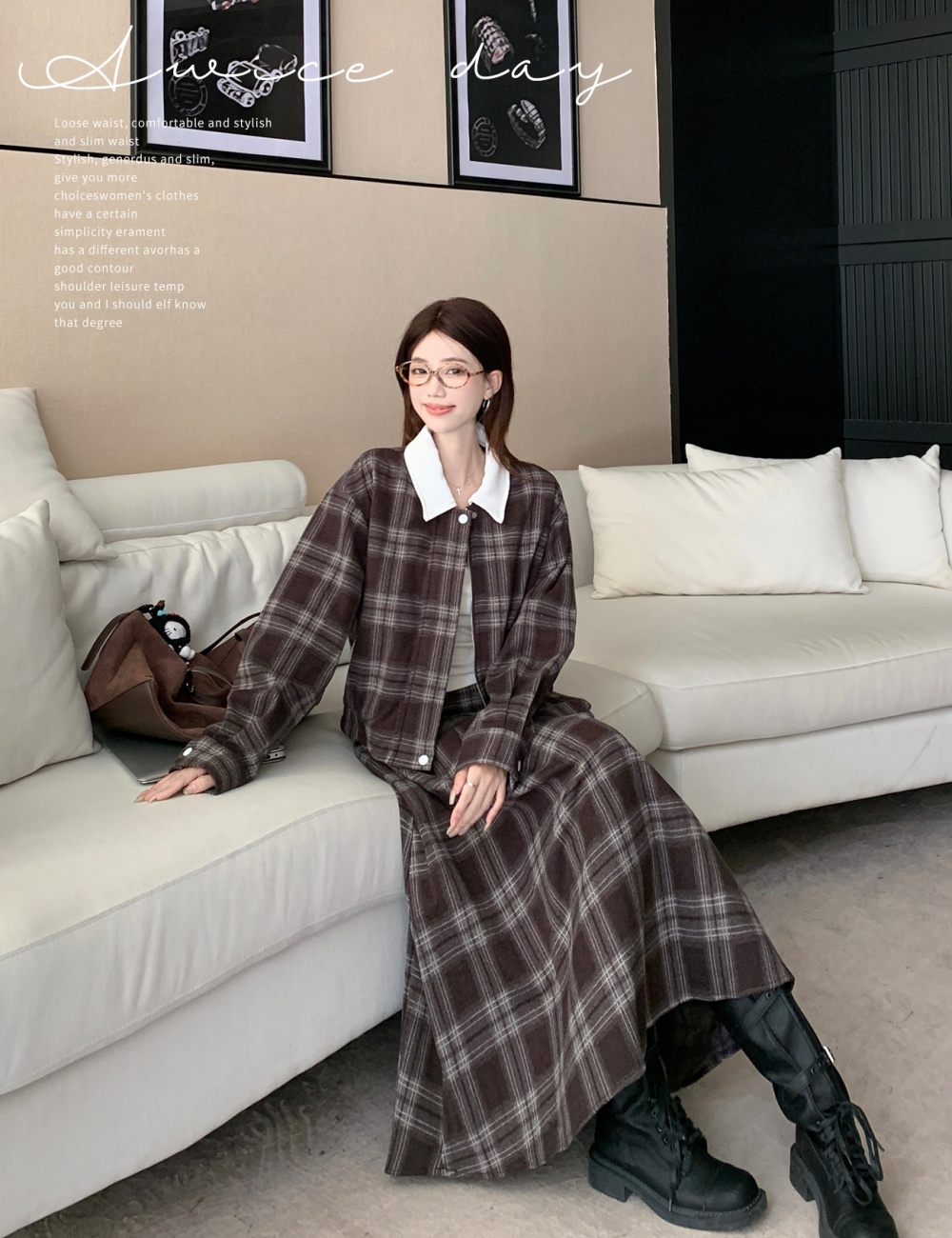 Plaid large yard skirt college style coat a set