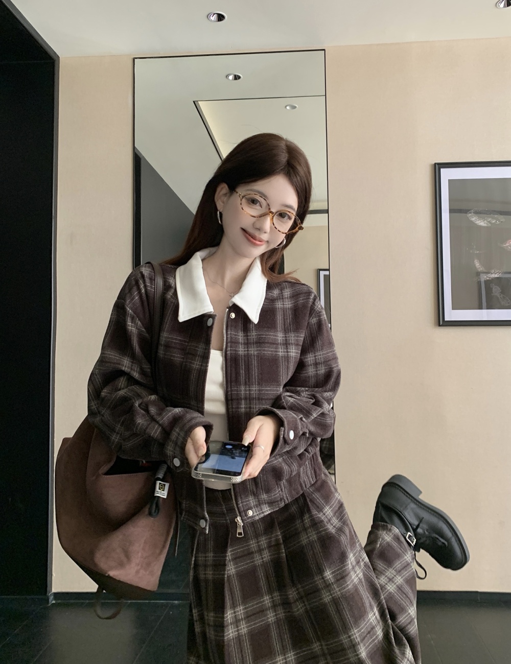 Plaid large yard skirt college style coat a set