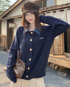 Retro denim autumn sweater lapel lazy tops