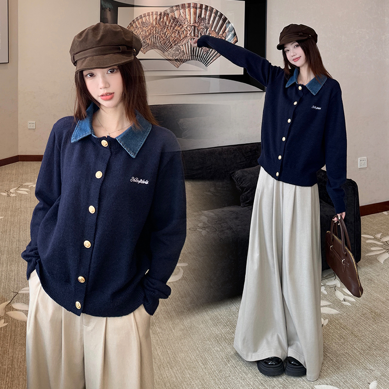 Retro denim autumn sweater lapel lazy tops
