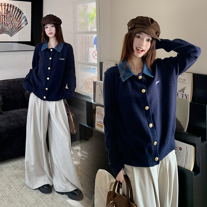 Retro denim autumn sweater lapel lazy tops