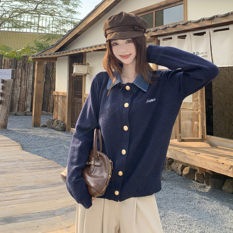 Retro denim autumn sweater lapel lazy tops