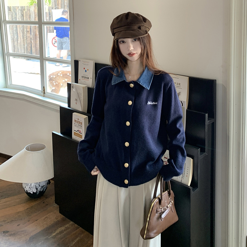 Retro denim autumn sweater lapel lazy tops