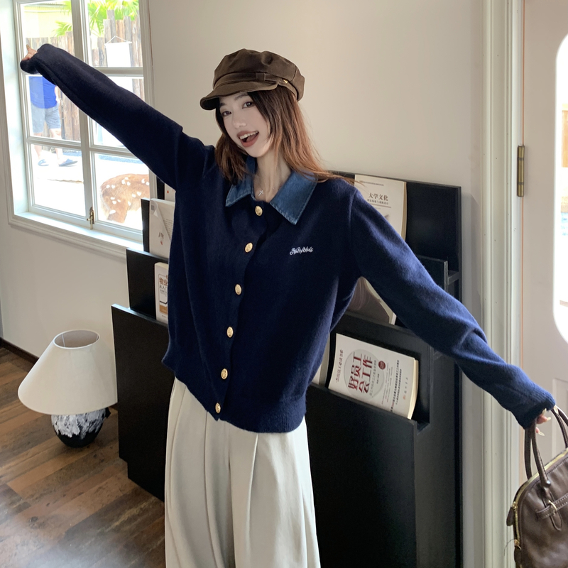 Retro denim autumn sweater lapel lazy tops