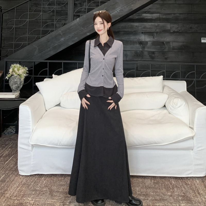 Long sleeve Pseudo-two skirt autumn T-shirt 2pcs set