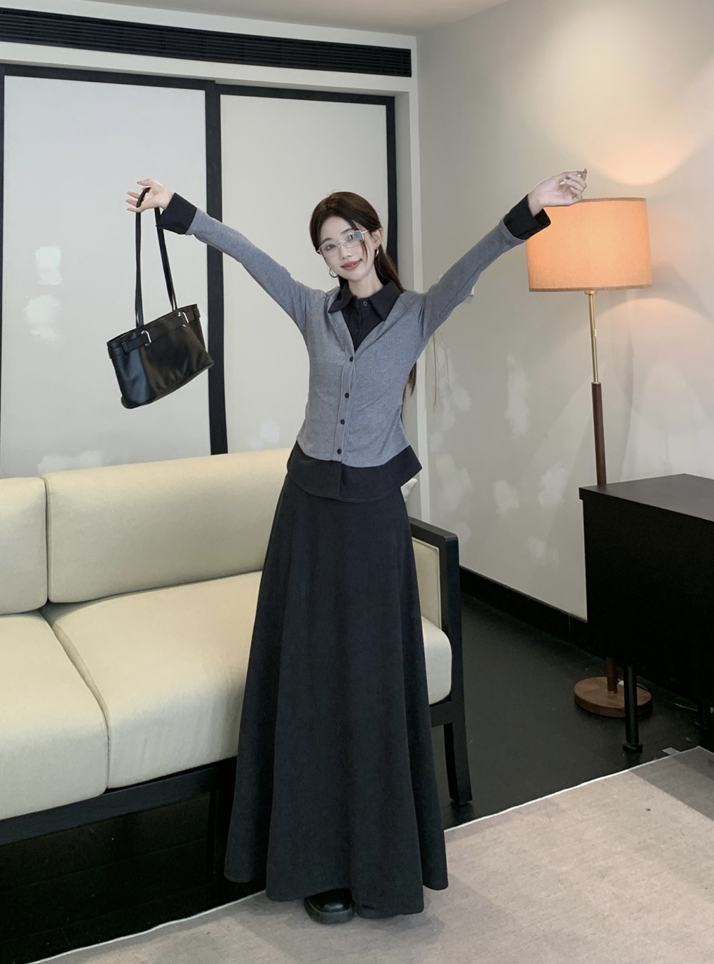 Long sleeve Pseudo-two skirt autumn T-shirt 2pcs set