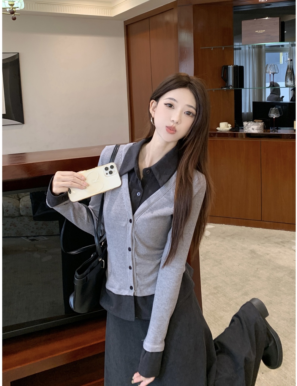 Long sleeve Pseudo-two skirt autumn T-shirt 2pcs set