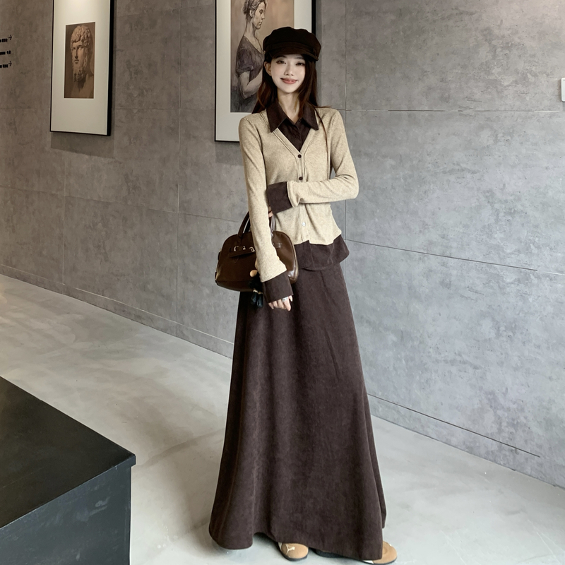Long sleeve Pseudo-two skirt autumn T-shirt 2pcs set