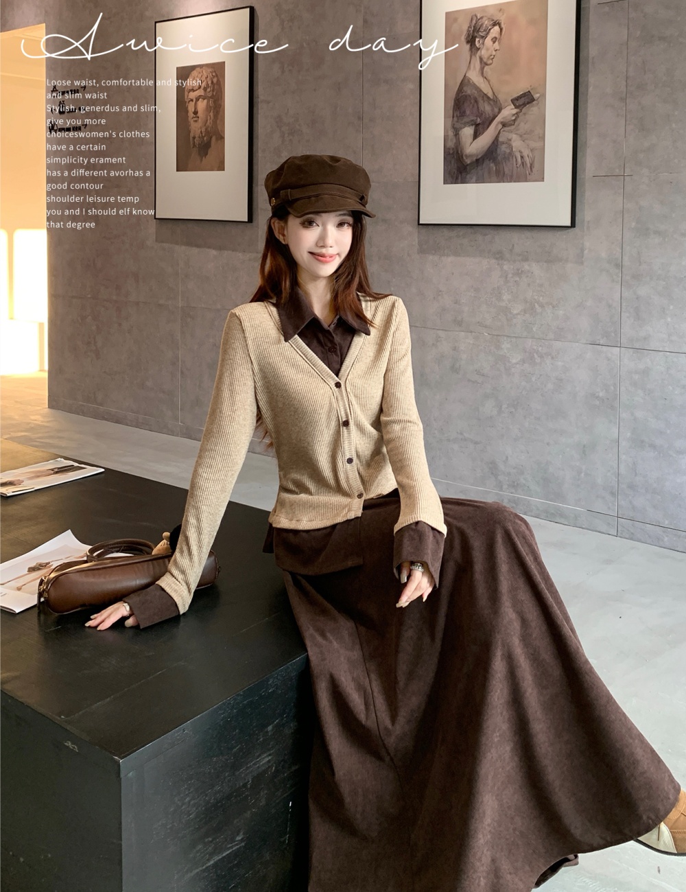 Long sleeve Pseudo-two skirt autumn T-shirt 2pcs set