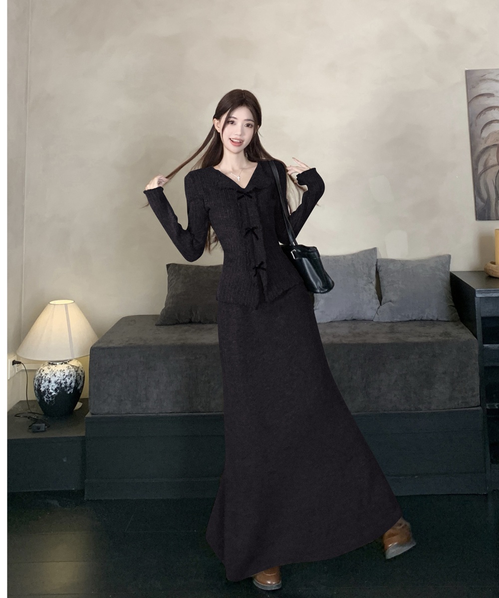 Wood ear long sleeve sweater autumn skirt a set