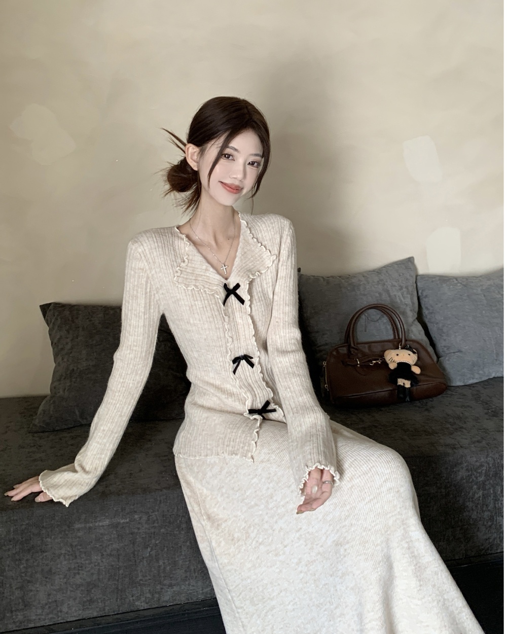 Wood ear long sleeve sweater autumn skirt a set