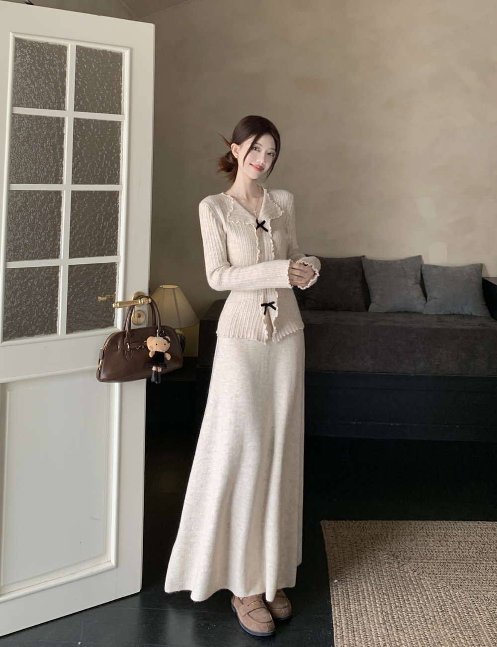 Wood ear long sleeve sweater autumn skirt a set