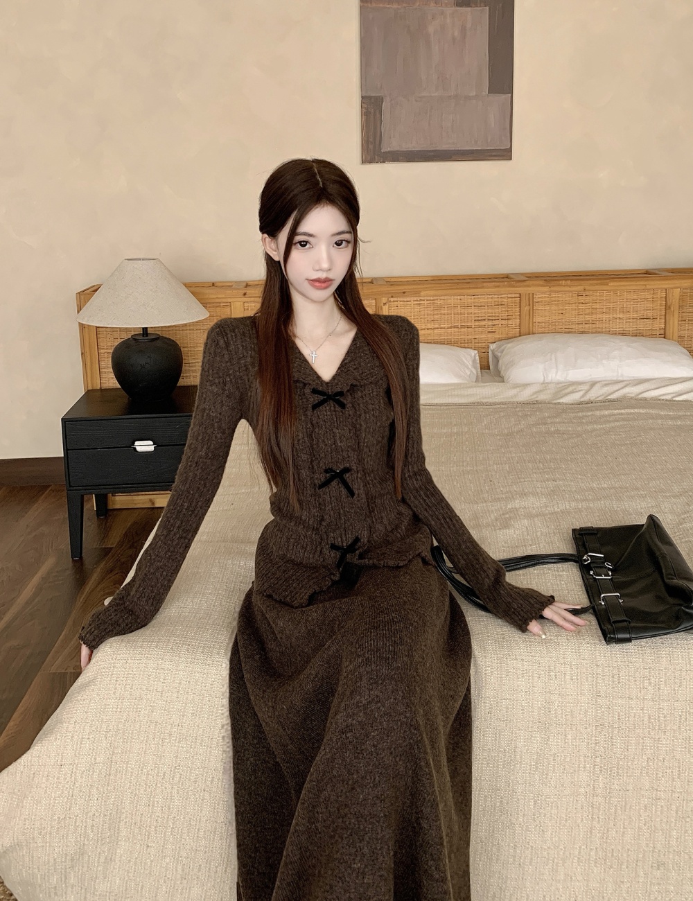 Wood ear long sleeve sweater autumn skirt a set