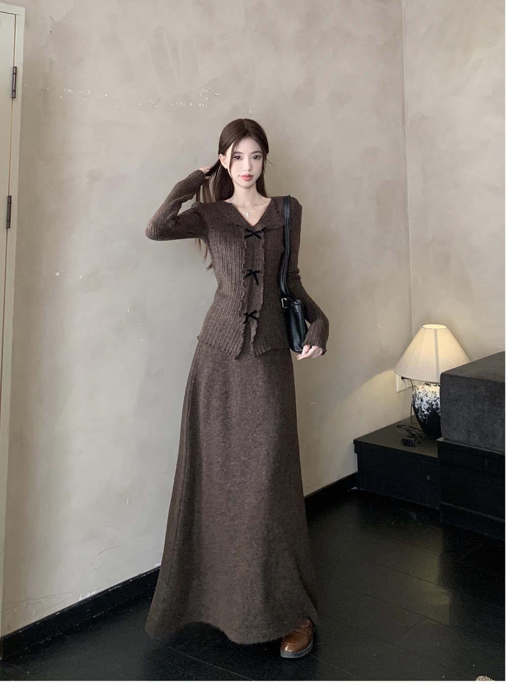 Wood ear long sleeve sweater autumn skirt a set