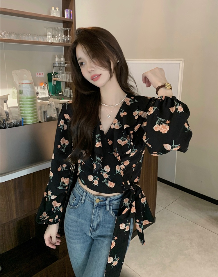 Short frenum floral shirt V-neck a slice tops for women