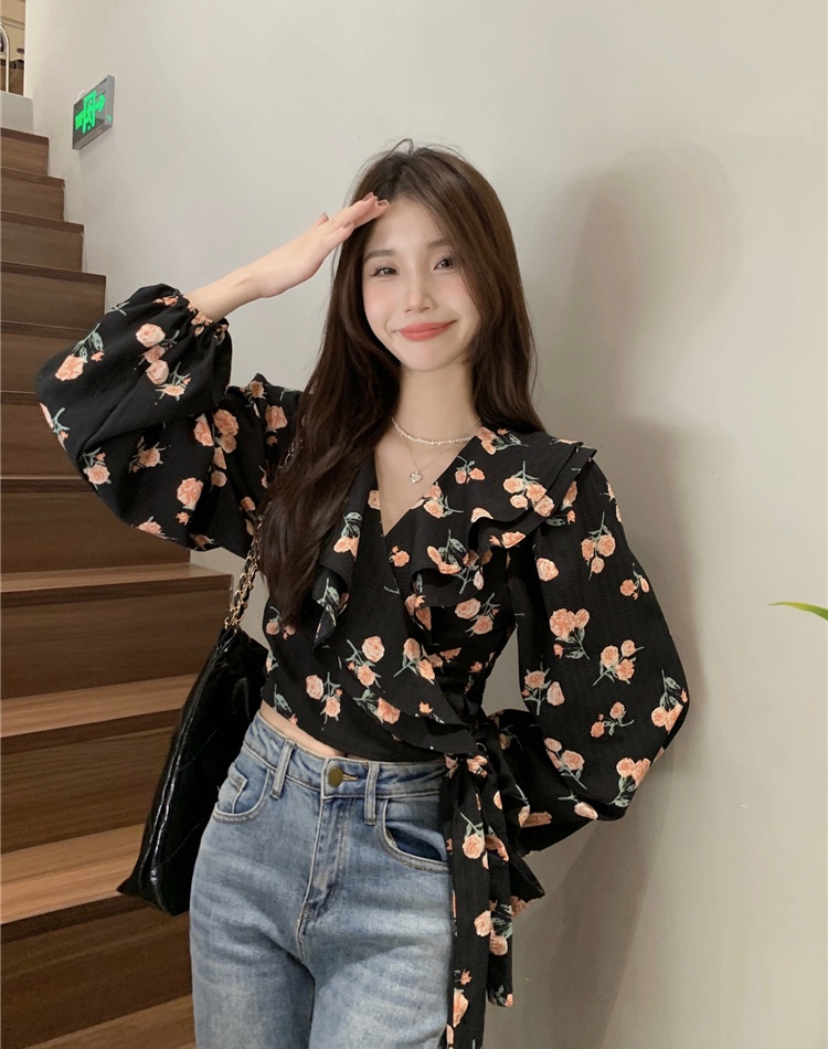 Short frenum floral shirt V-neck a slice tops for women