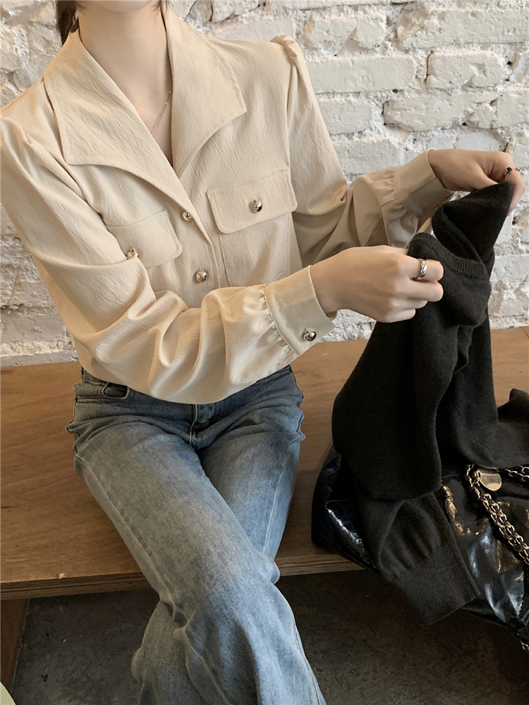 Unique retro lapel shirt long sleeve autumn all-match tops