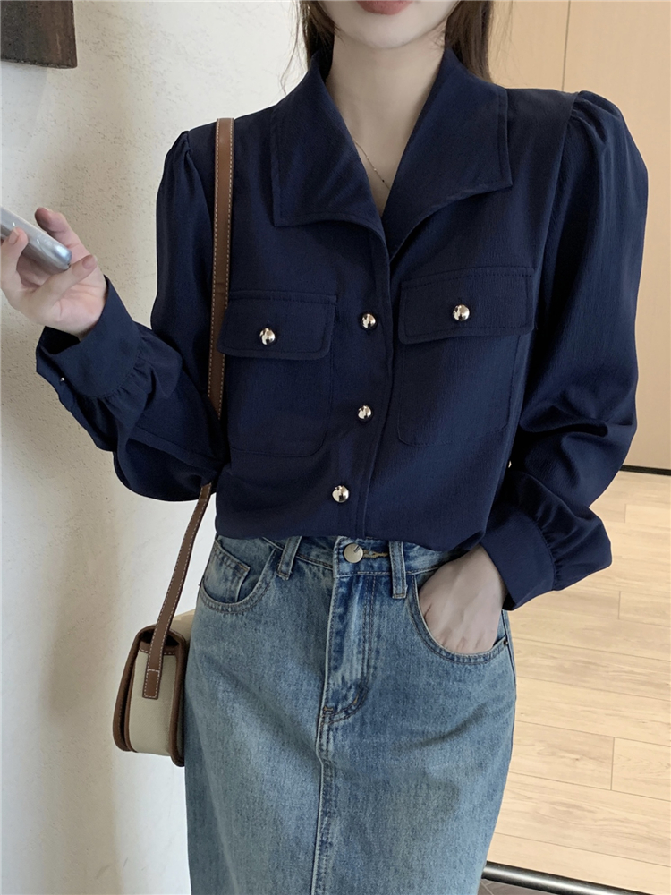 Unique retro lapel shirt long sleeve autumn all-match tops