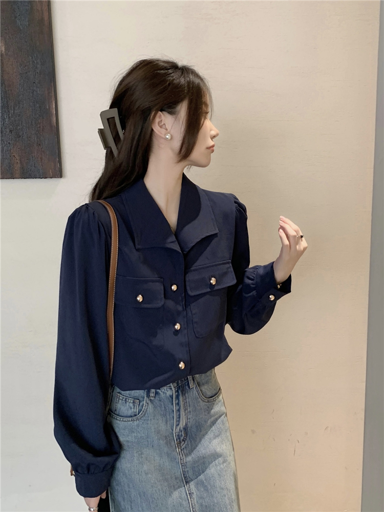 Unique retro lapel shirt long sleeve autumn all-match tops