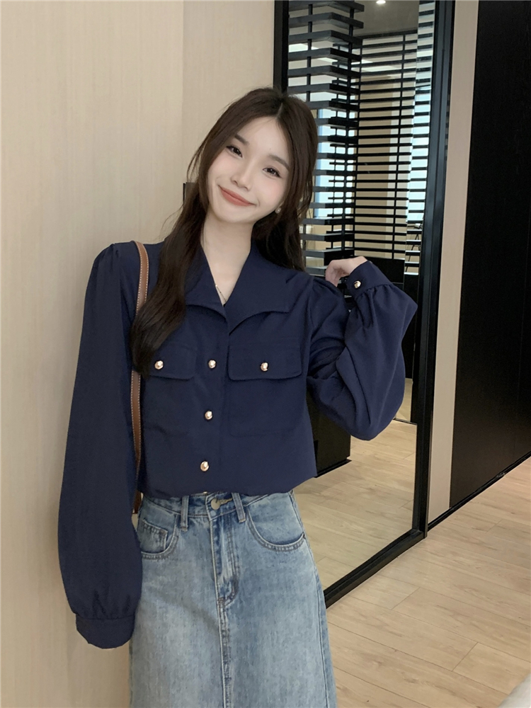 Unique retro lapel shirt long sleeve autumn all-match tops