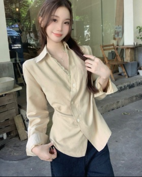 Pinched waist lapel shirt France style oblique buckle tops