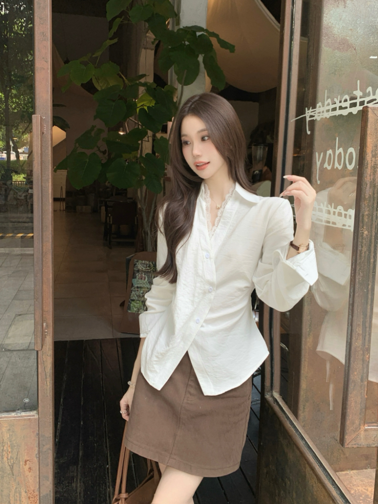 Pinched waist lapel shirt France style oblique buckle tops
