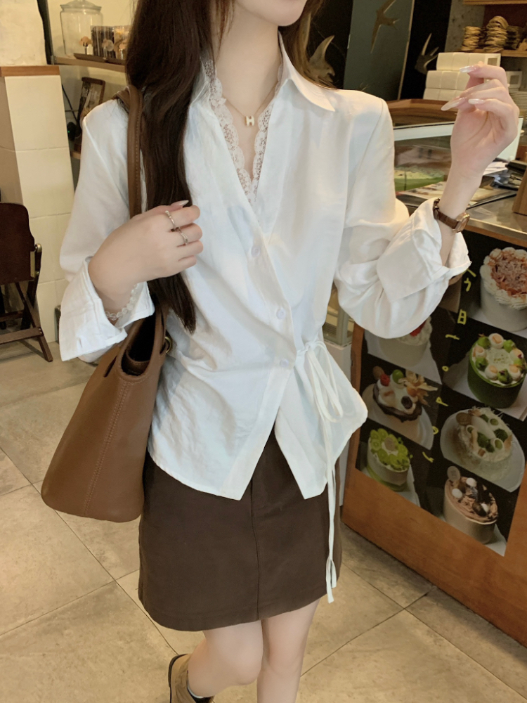 Pinched waist lapel shirt France style oblique buckle tops