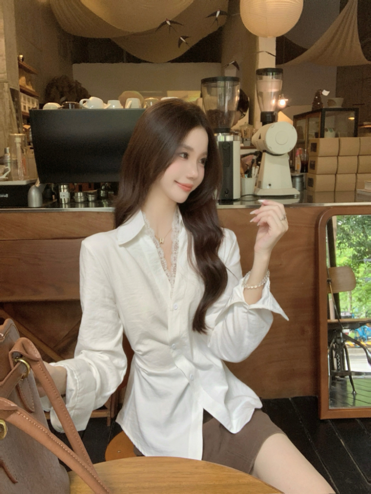 Pinched waist lapel shirt France style oblique buckle tops