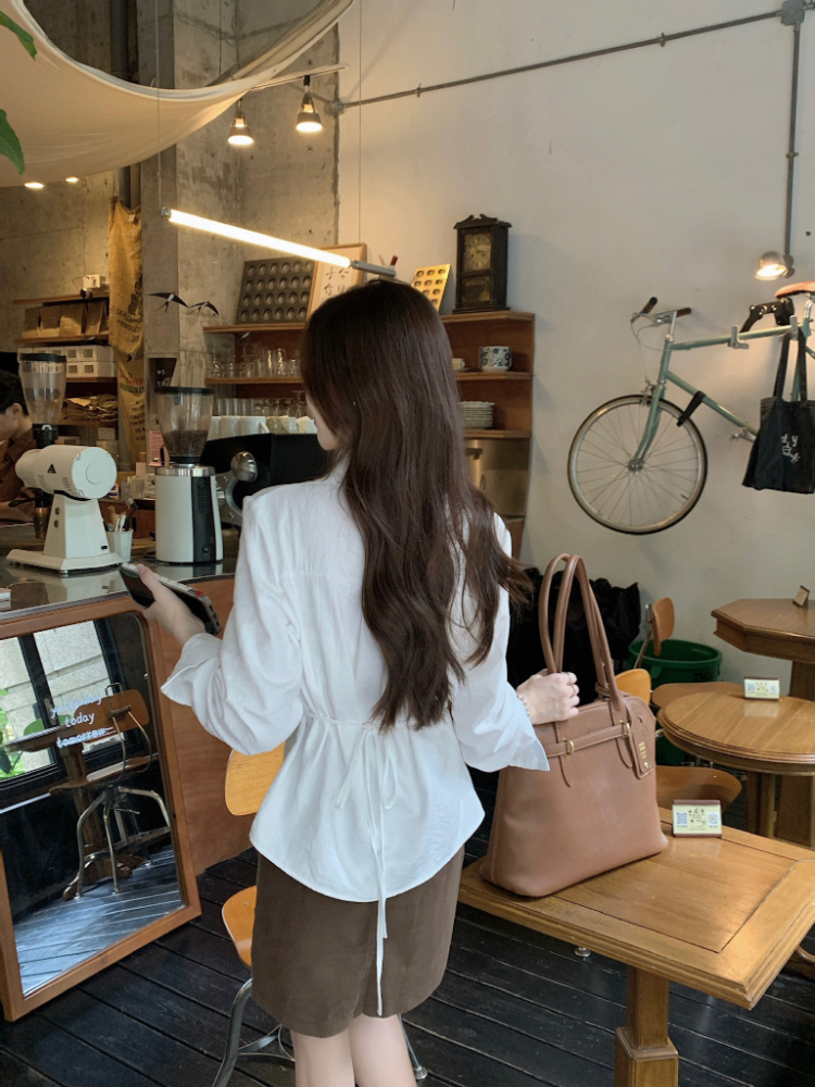 Pinched waist lapel shirt France style oblique buckle tops