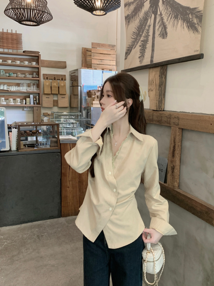 Pinched waist lapel shirt France style oblique buckle tops