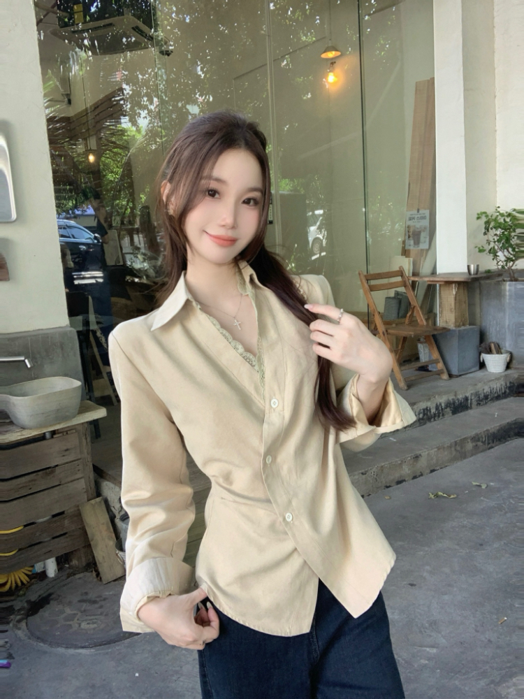 Pinched waist lapel shirt France style oblique buckle tops