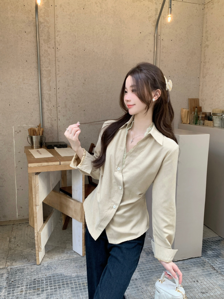 Pinched waist lapel shirt France style oblique buckle tops