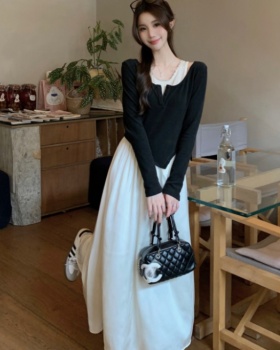 Pseudo-two tender long dress long sleeve dress for women