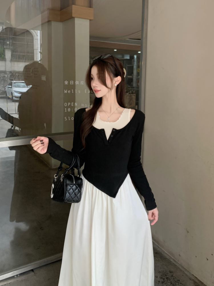 Pseudo-two tender long dress long sleeve dress for women