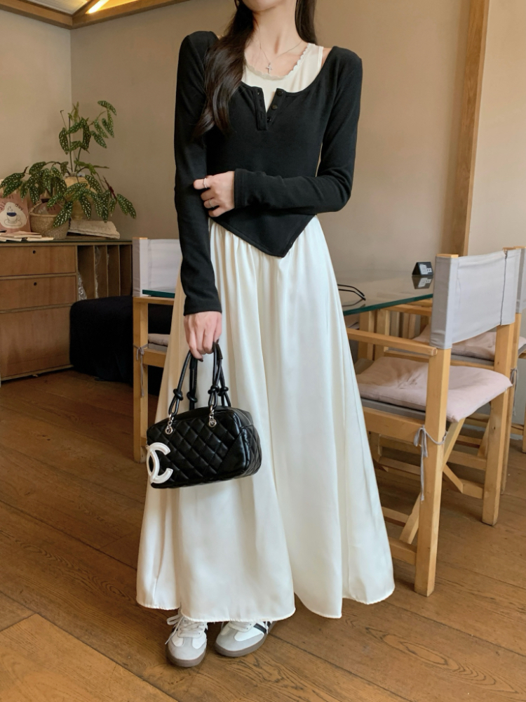 Pseudo-two tender long dress long sleeve dress for women