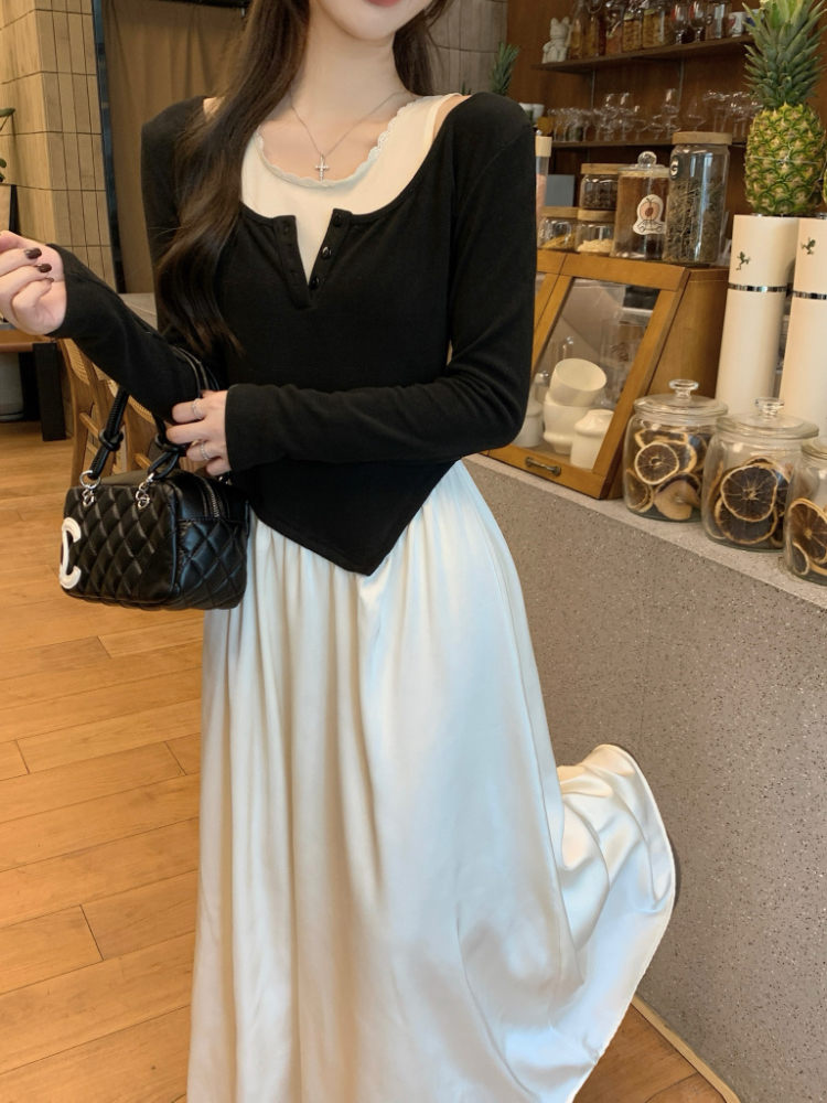 Pseudo-two tender long dress long sleeve dress for women