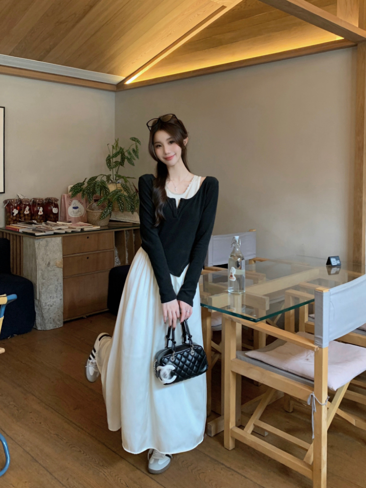 Pseudo-two tender long dress long sleeve dress for women