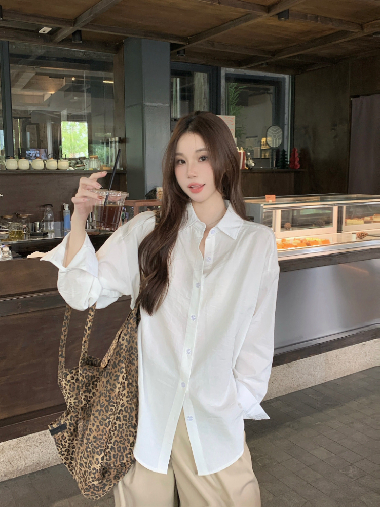 Minimalist all-match long sleeve white shirt for women