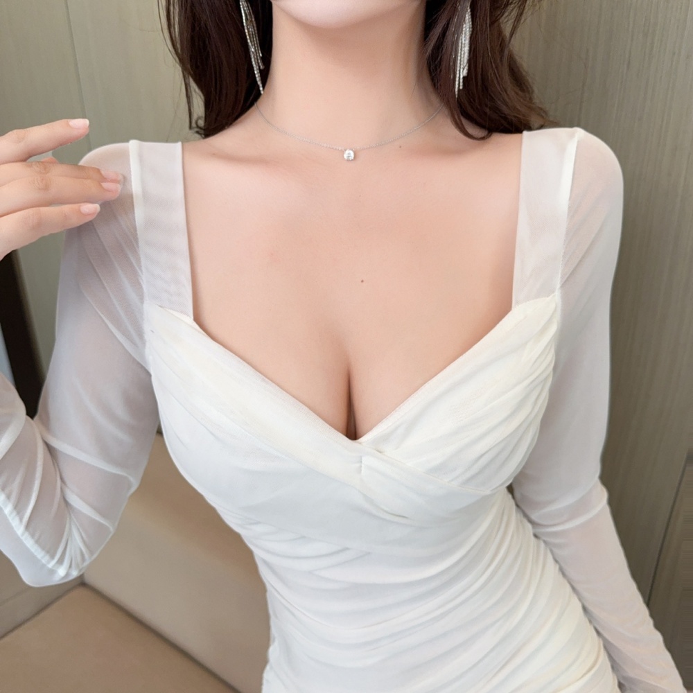 Short bottoming low-cut tight long sleeve gauze dress